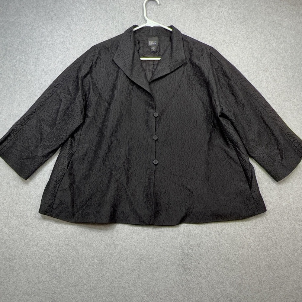 Eileen Fisher Jacket Womens Medium Black Silk Button Front Lined 3/4 Sleeve